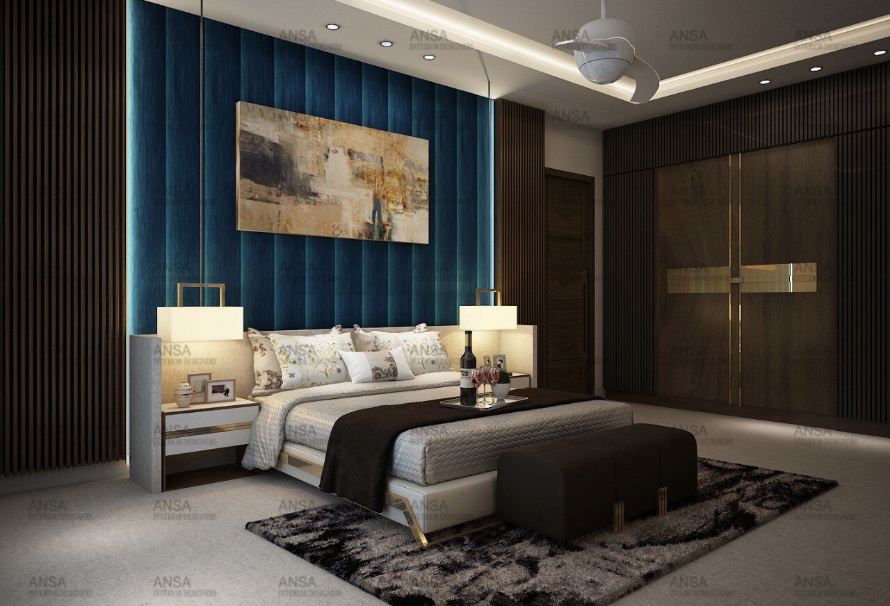 A modern bedroom design with luxurious lighting interiors