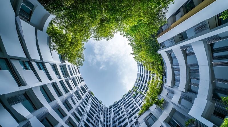 A modern building complex with trees and greenery growing on the upper floors.