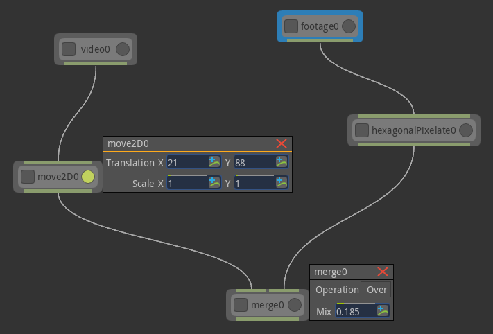 A node graph interface with connected nodes and a parameter window.