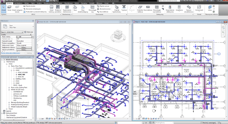 A picture showing a 3D model and a 2D plan view of a buildings HVAC systems