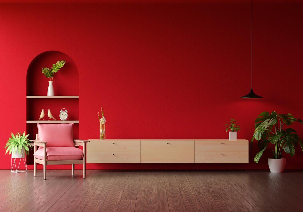 A red theme living room area interior with a wood sideboard