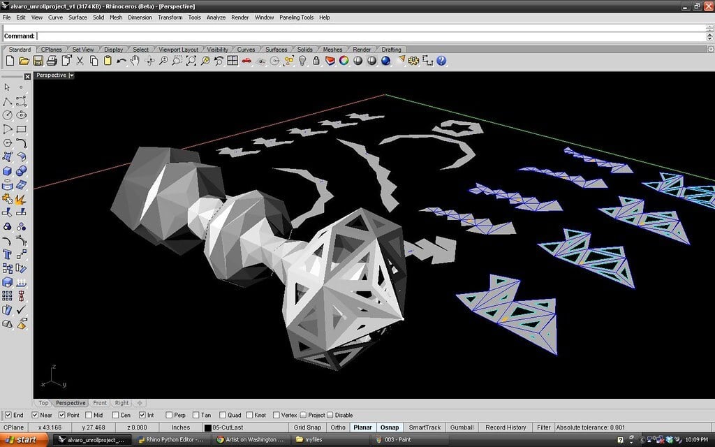 A screenshot of Rhinoceros 3D software showing a complex geometric 3D model.