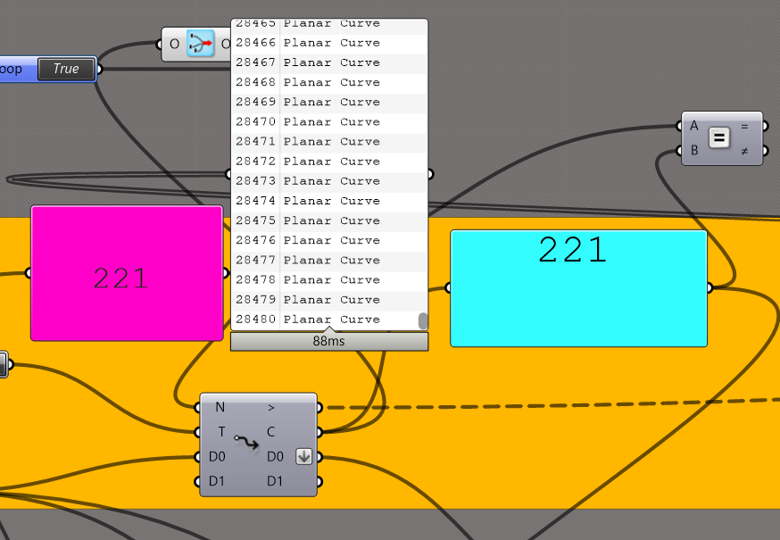 A screenshot of a Grasshopper script showing a list of Planar Curve outputs and two connected panels