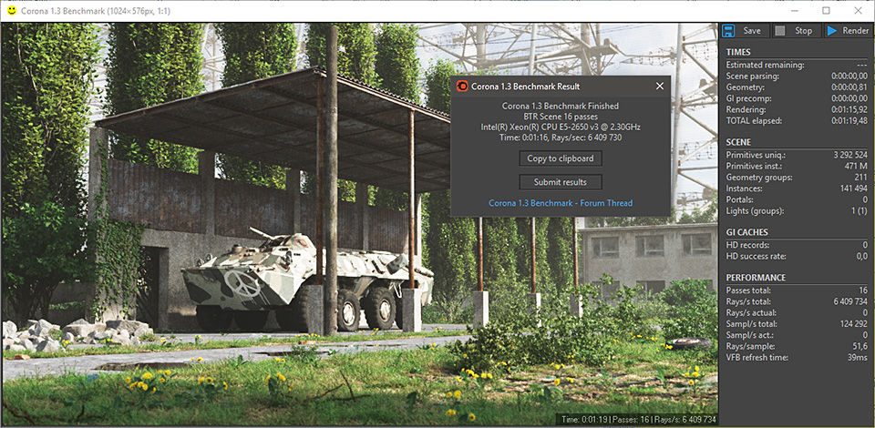 A screenshot of the Corona interface showing a 3D rendered scene.