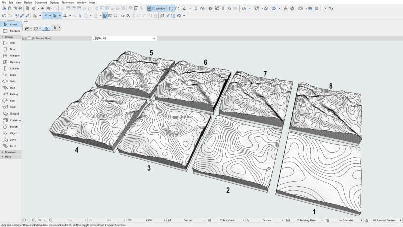A screenshot of the Grasshopper software showing eight different terrain models.