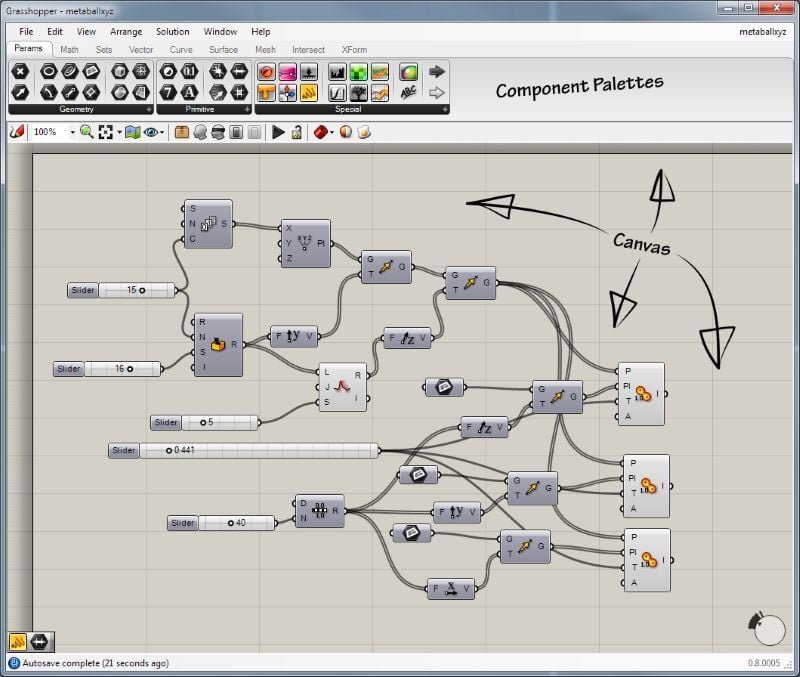 A screenshot of the Grasshopper visual programming interface, showing sliders used for computational design.