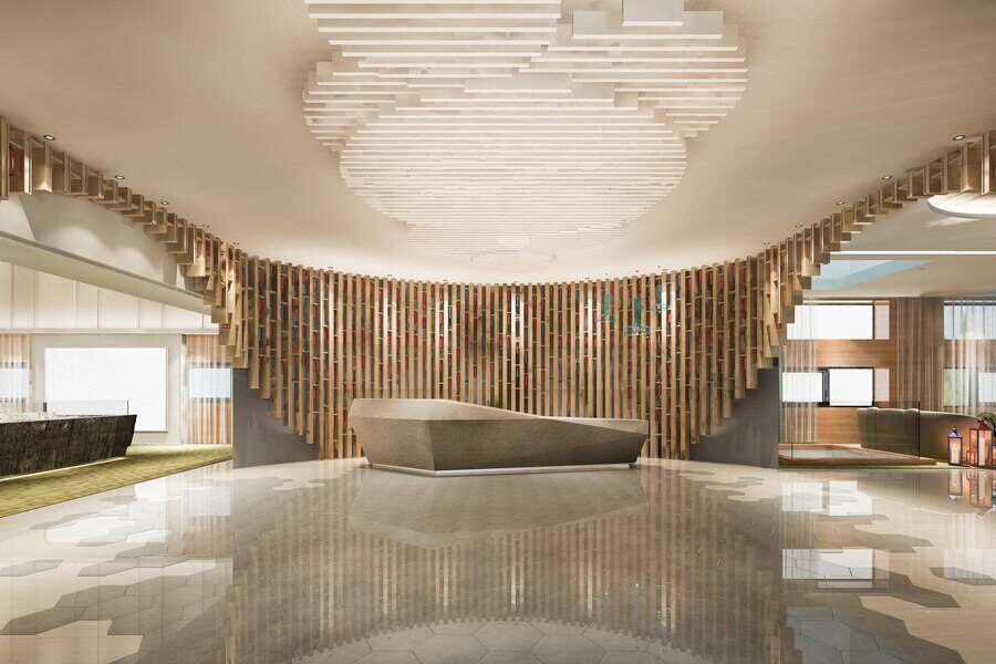 A simple reception area of a hotel with an amazing parametric design