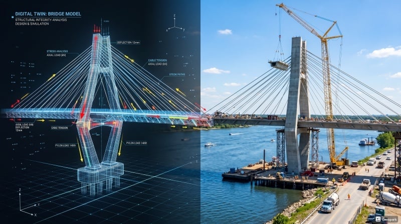 A split view showing a digital 3D structural model seamlessly transitioning into its real-world construction site.
