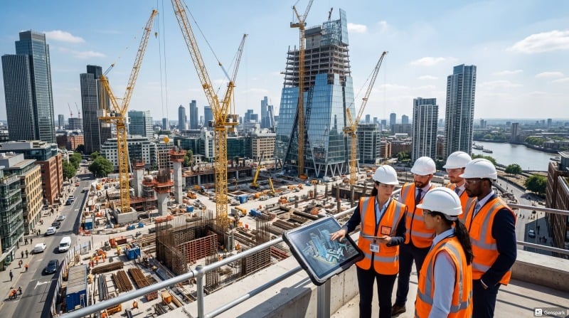 A team of modern engineers reviewing a digital model at a global mega-construction site.
