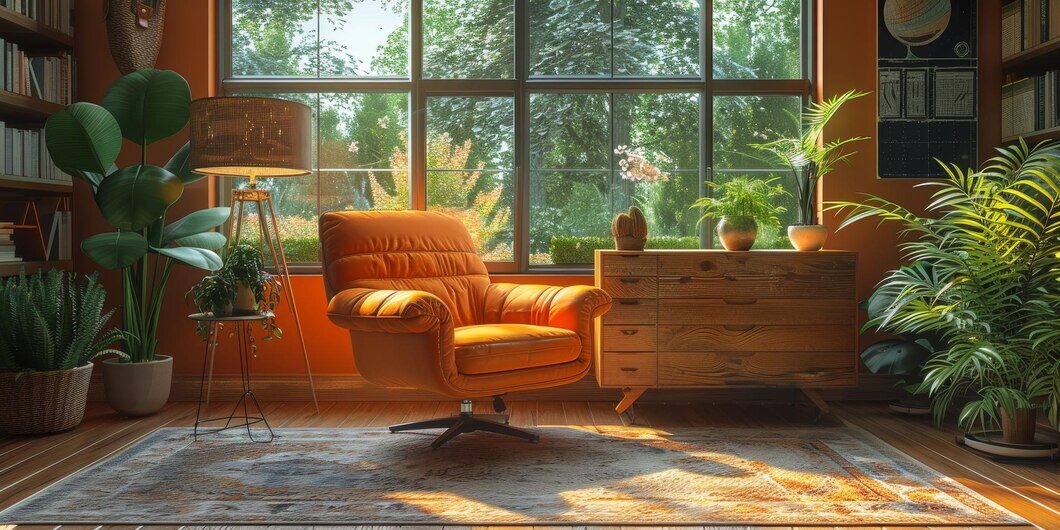 A well decorated living area with a big window and orange couch