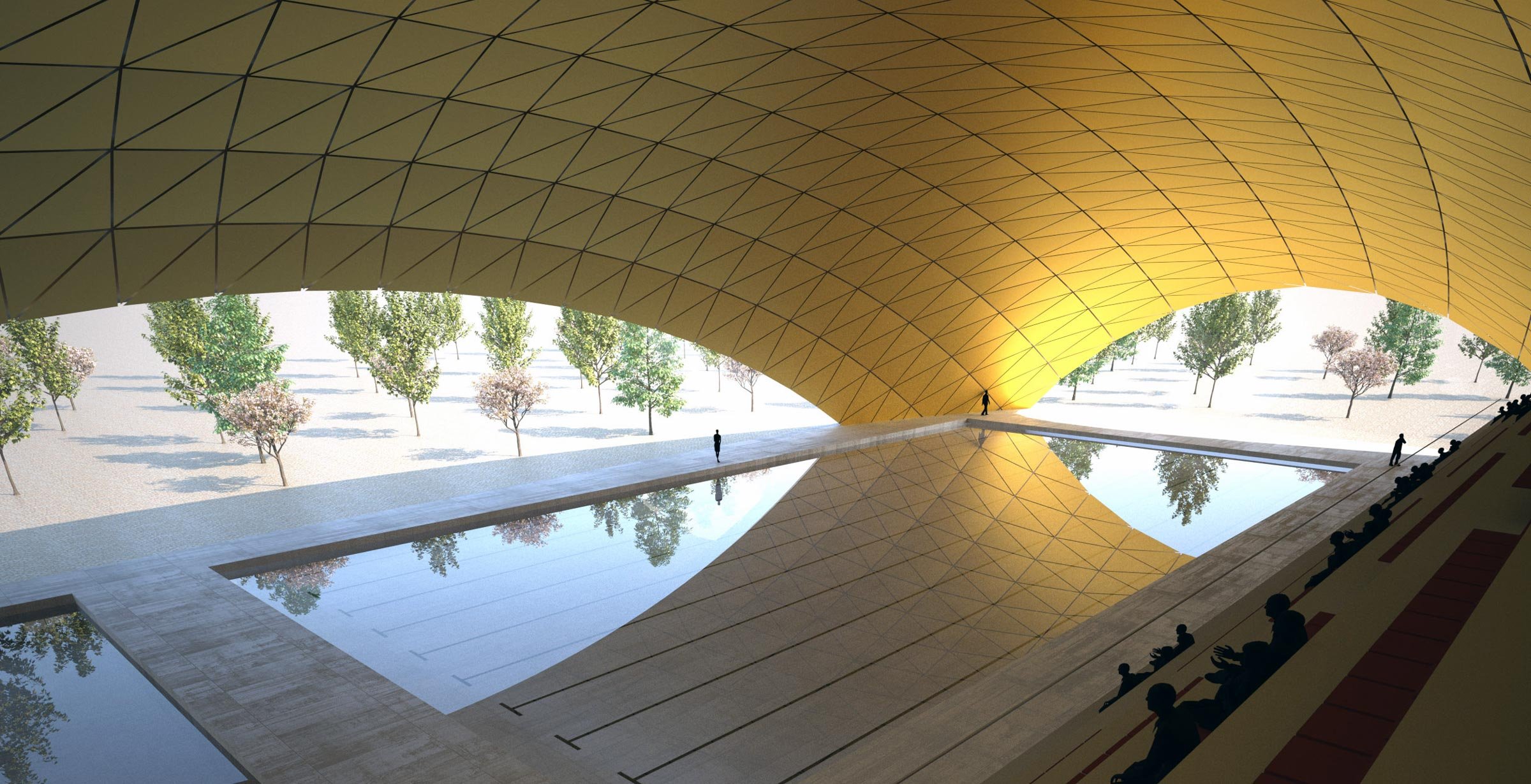 A parametric structural roof with its reflection in still water