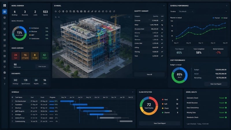 Advanced BIM dashboard showing project schedules and quantities.