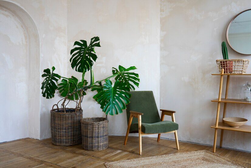 Aesthetic and green room decor with potted monstera plant