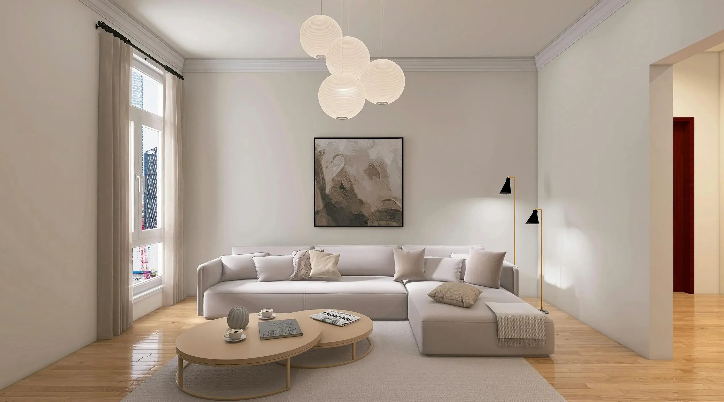 Aesthetic and minimal interior design & decor of a living room with hanging lights