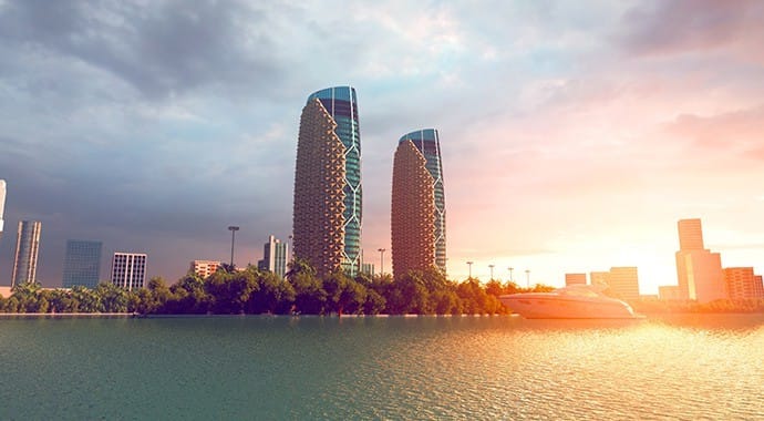 an architectural rendering of Al-Bahr Towers at dawn