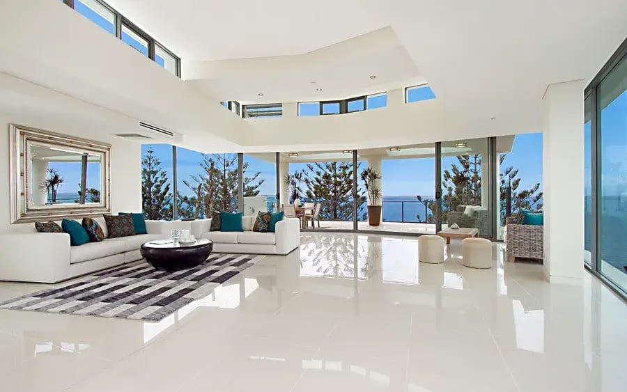 All white luxury house interior with a view