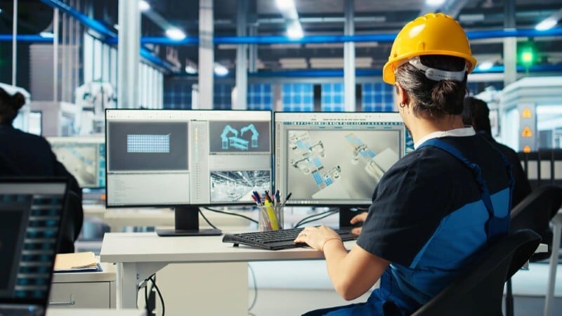 An Architect using a rendering software for industrial design on dual monitors.