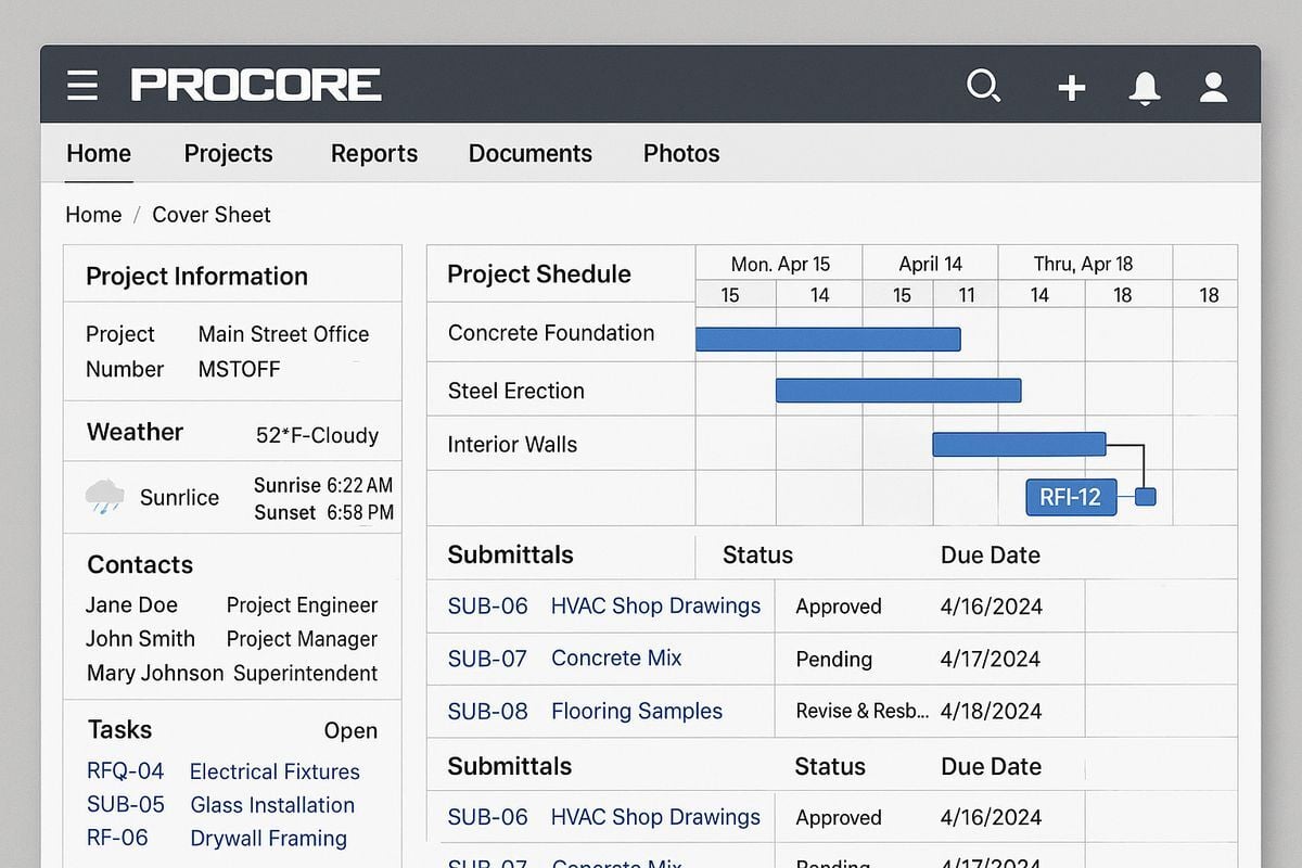 An construction project in procore dashboard