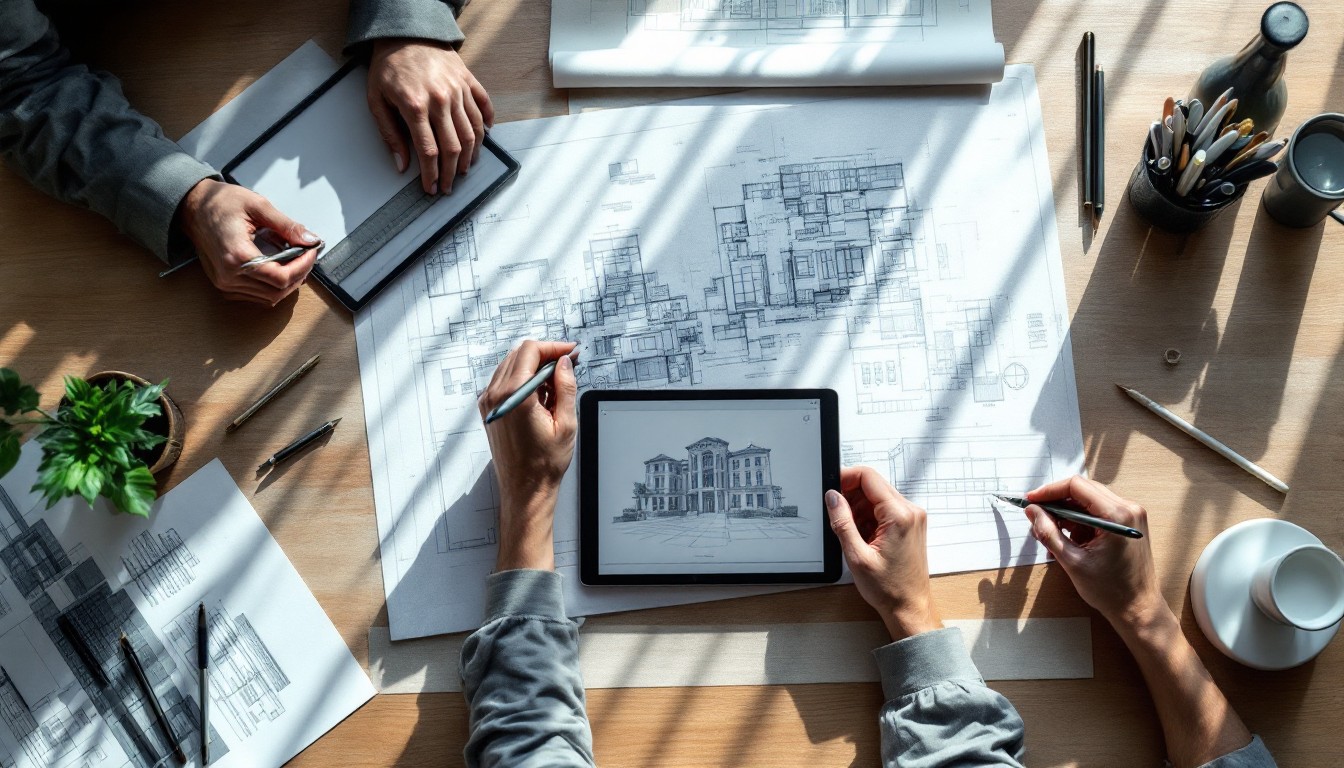 An engineer designing a facade on a tablet