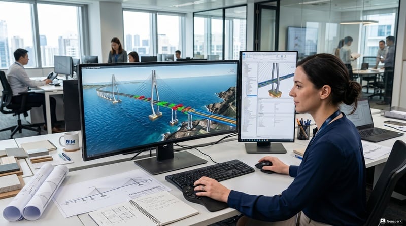 An engineer is seen working on a sea bridge BIM model within an office.