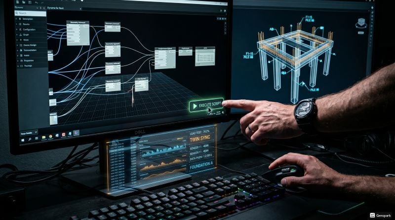 An engineer’s workstation with this visual programming automation script up on screen next to a 3D structural model.