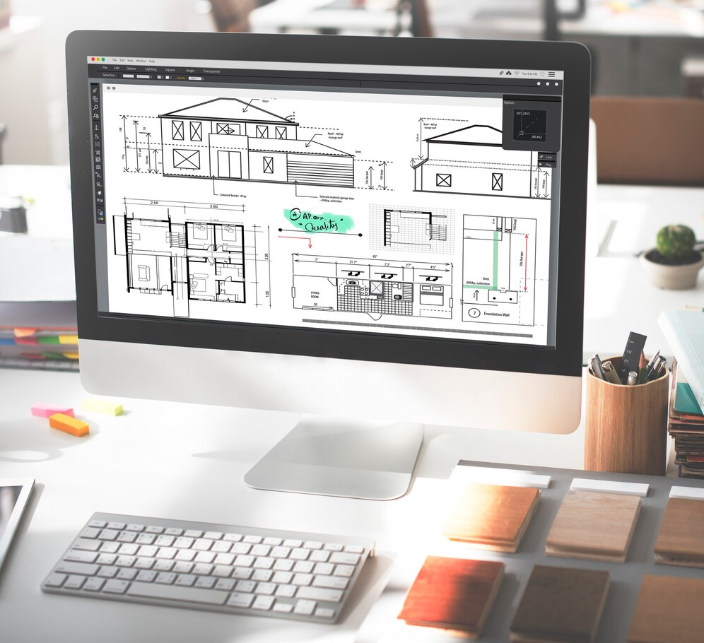 An image of a display monitor showing a 2D model of a building