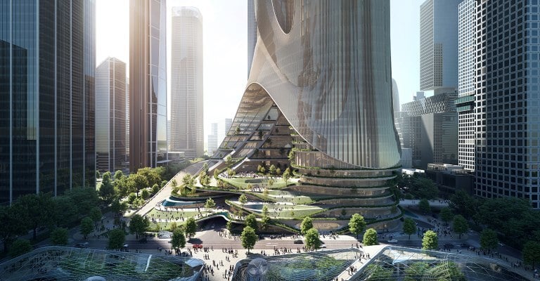 An image showing a low-angle shot of Tower C highlighting its curved glass façade and height