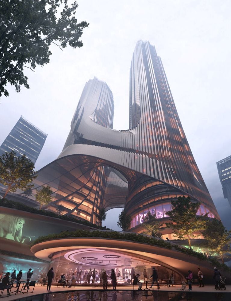An image showing a low-angle view of Tower C’s flowing form and vertical structural features