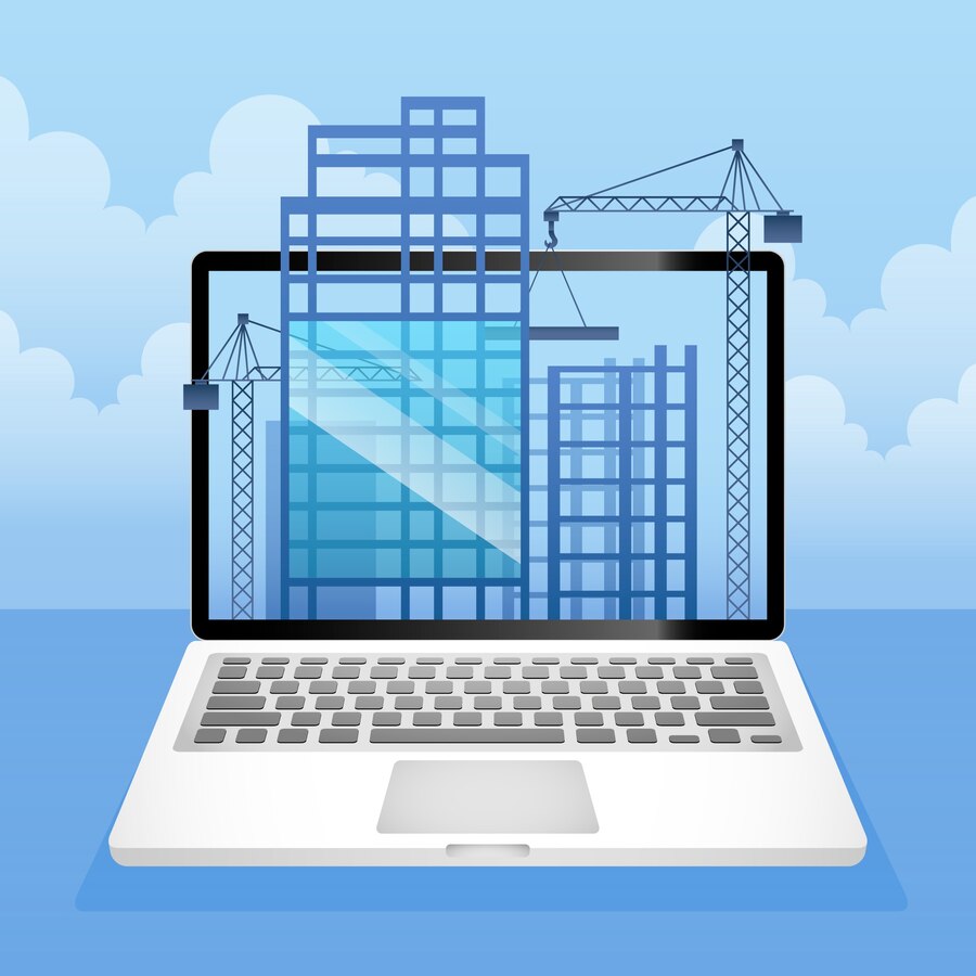 An image showing a monitor displaying a framework of a building designed using software