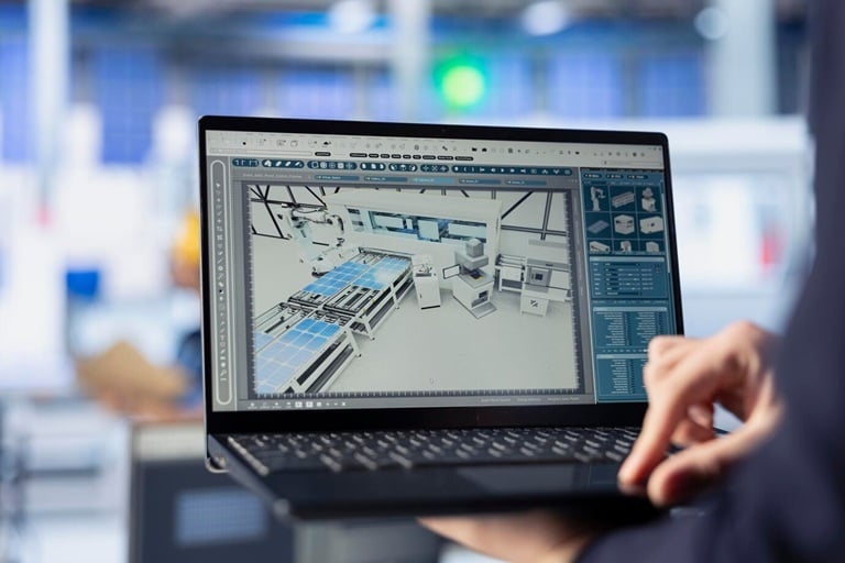 An image showing a monitor displaying the design of a building by a professional