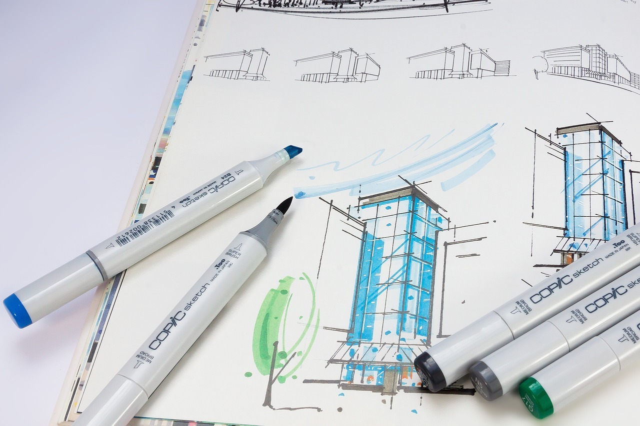 An image showing the architectural building form and sketching using various colour