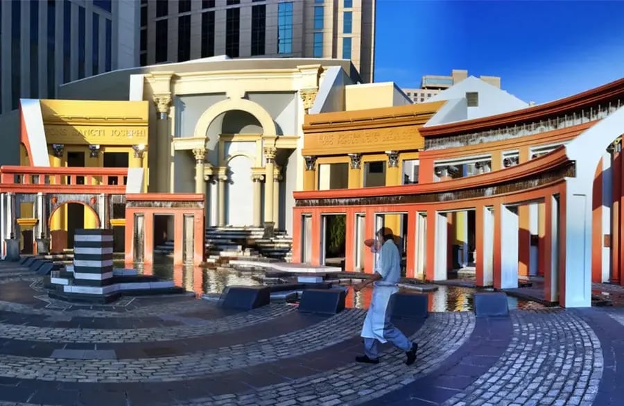 An image showing the playful use of columns and arches at Piazza d’Italia by Charles Moore