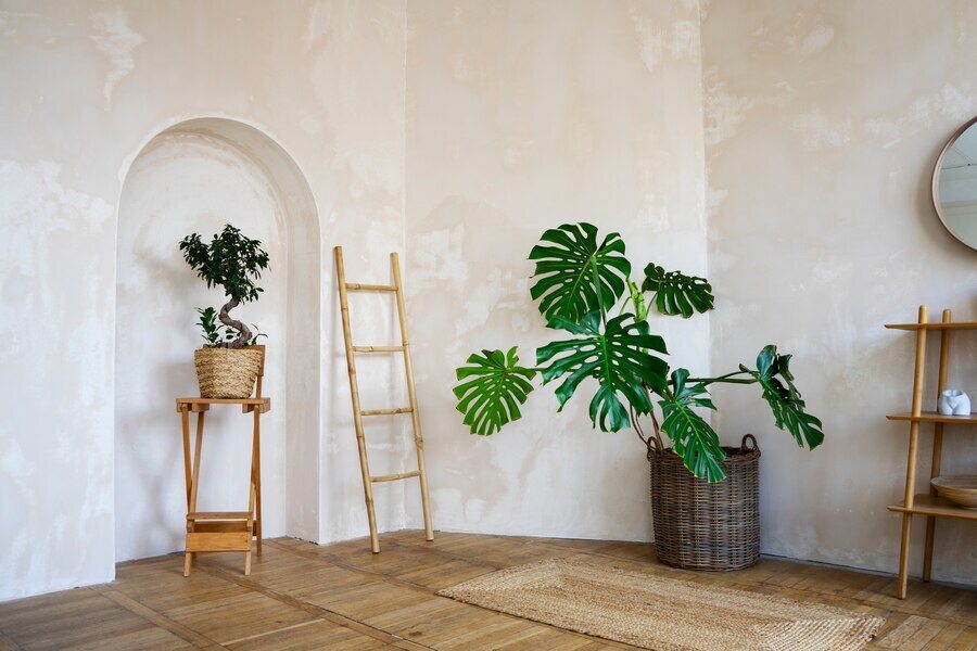 An interior decor with potted plants and wooden furniture