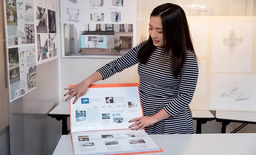 An interior design student presenting at a college jury-1