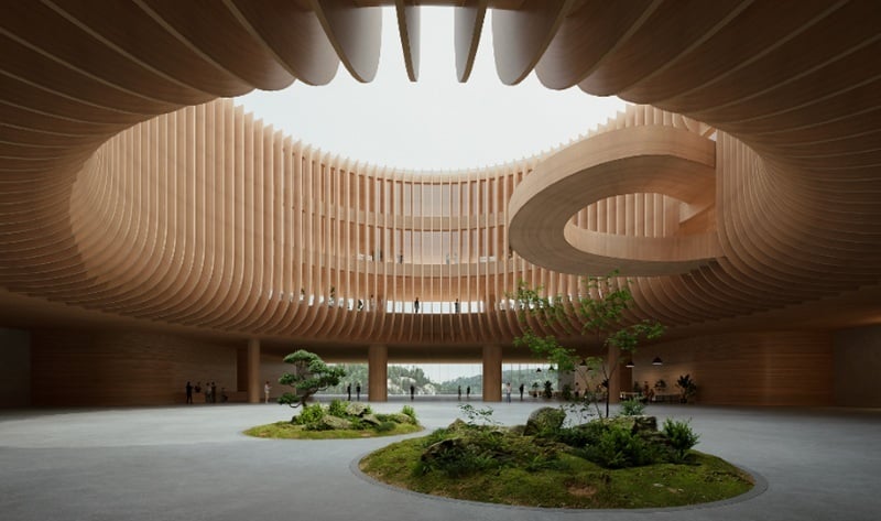 An interior visualization of a modern building in D5 render.