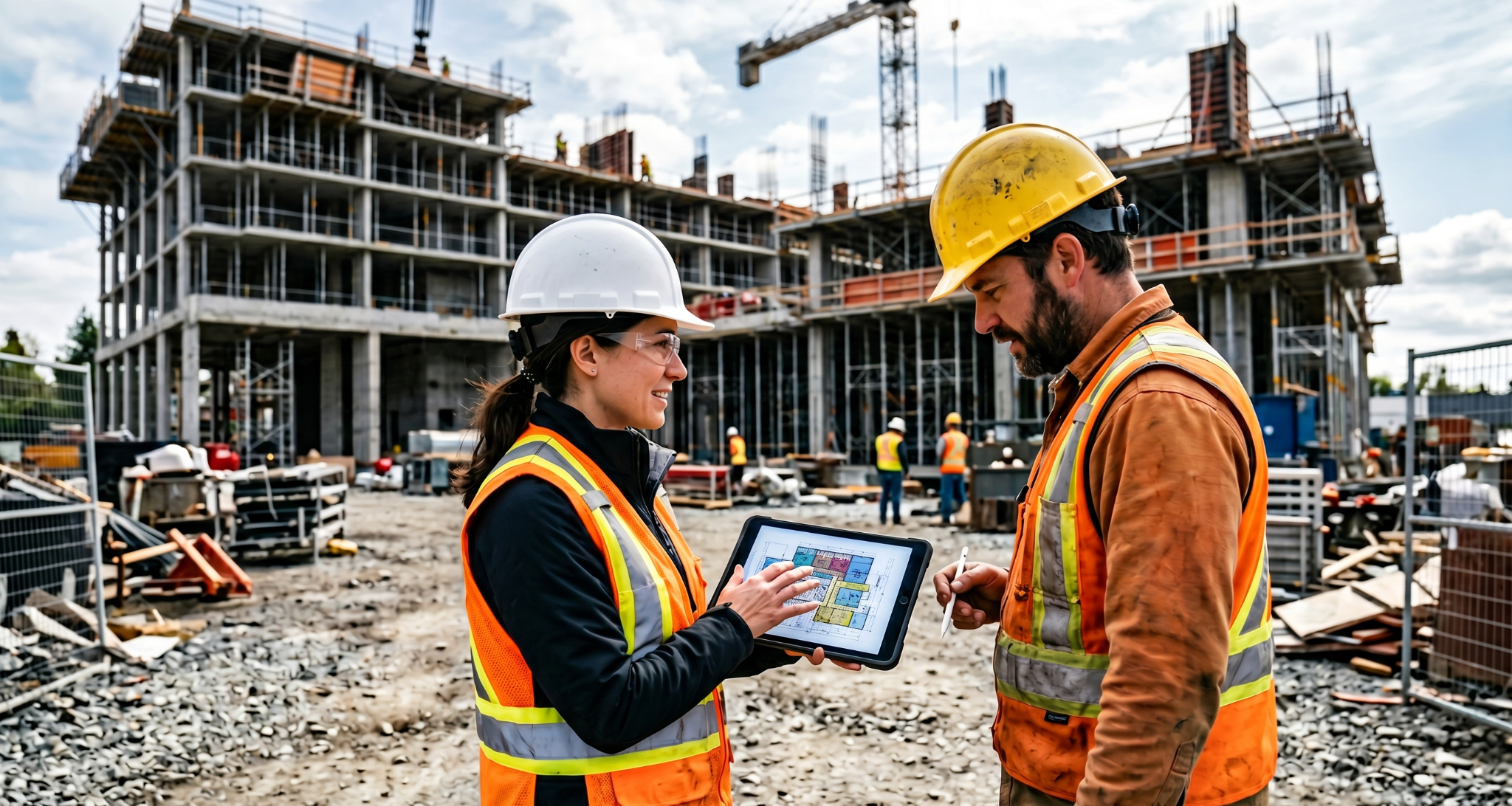 Architect and manager reviewing plans at the construction site.