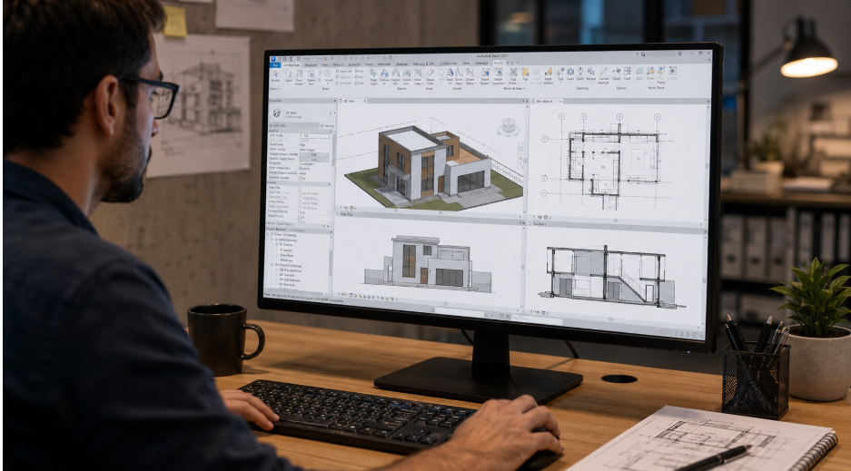 Architect learning BIM through hands-on building modeling exercises.
