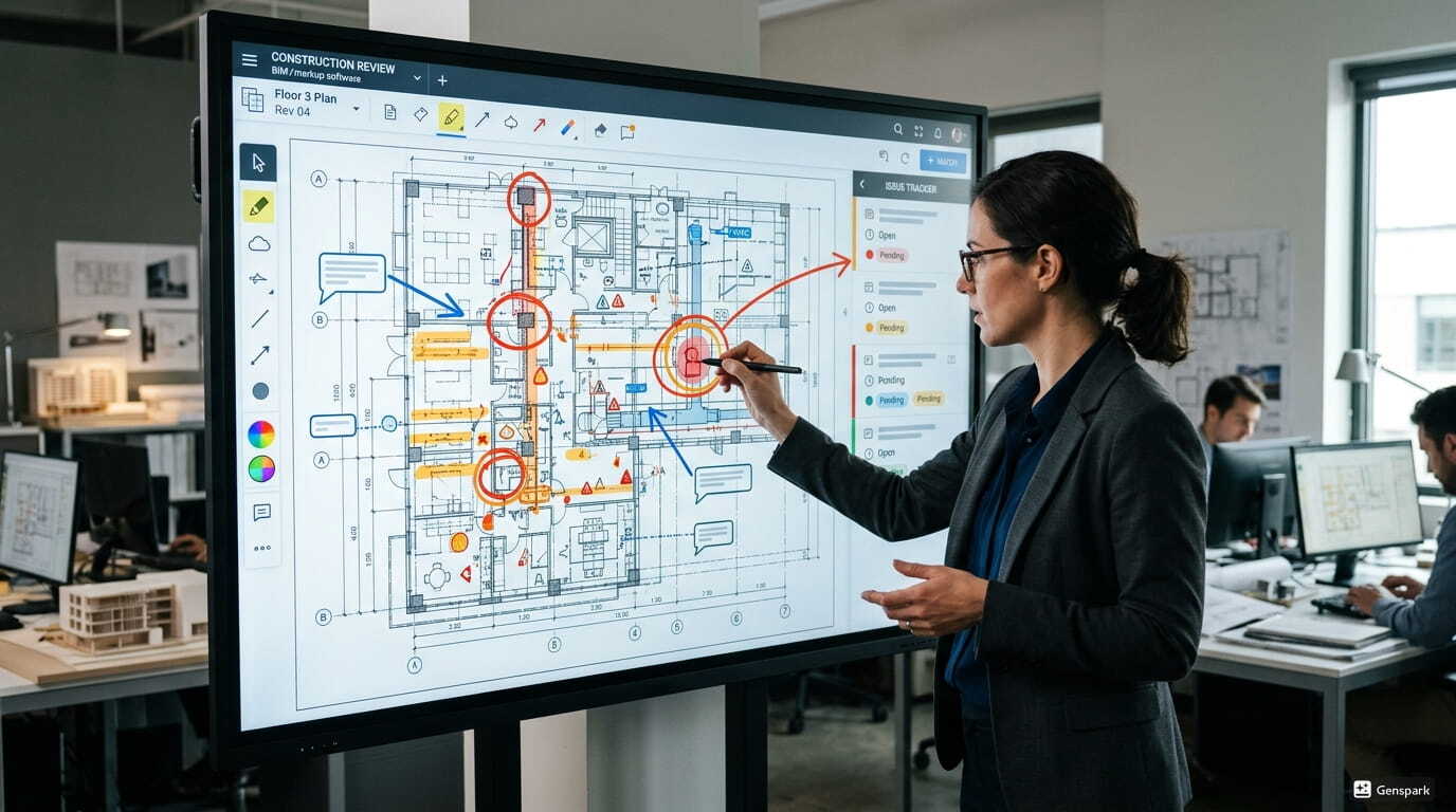 Architect marking up and reviewing construction drawings on a digital screen.