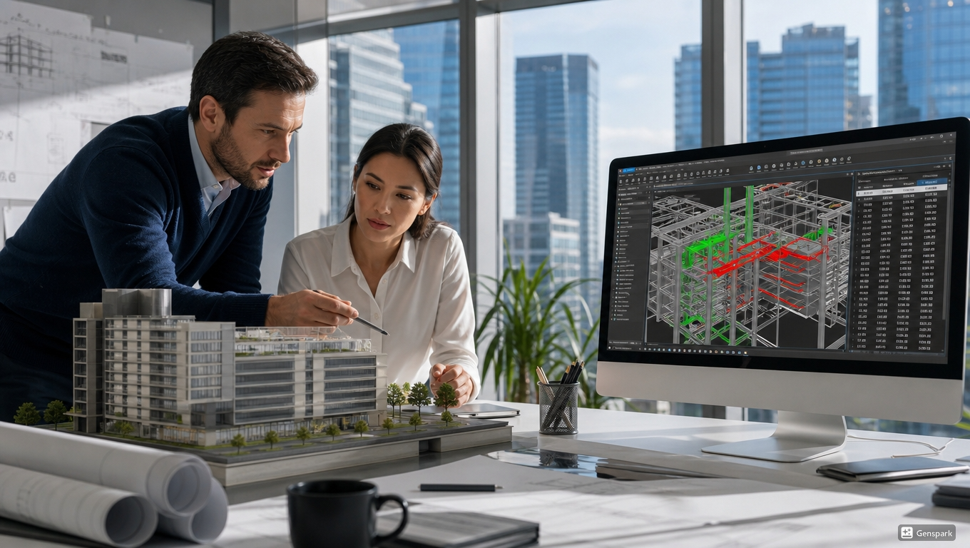 Architects collaborating on automated clash detection using a 3D digital model and physical maquette.