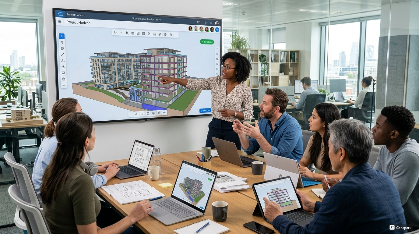 Architects collaborating using cloud-based BIM tools.