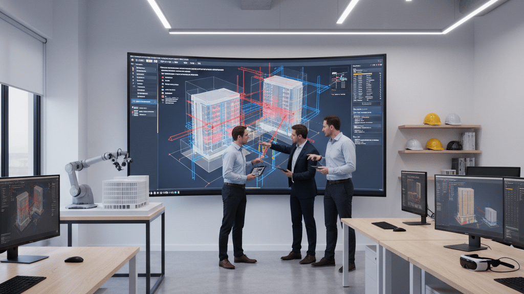 Architects troubleshooting a BIM model issue on screen.