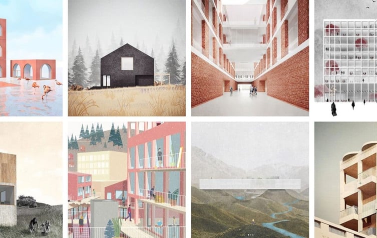8 different architectural illustrations of different projects