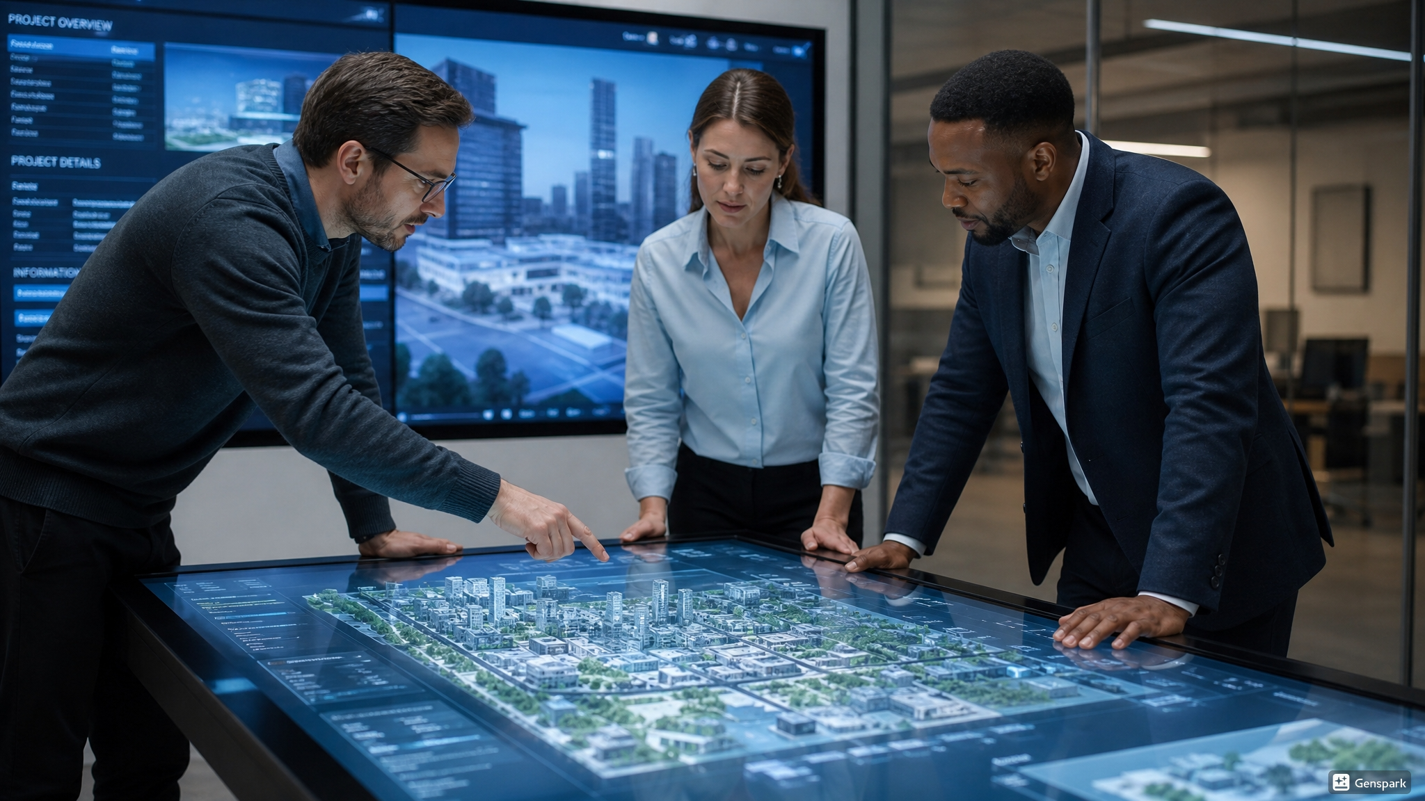 Architecture and engineering professionals collaborating around a digital touchscreen.