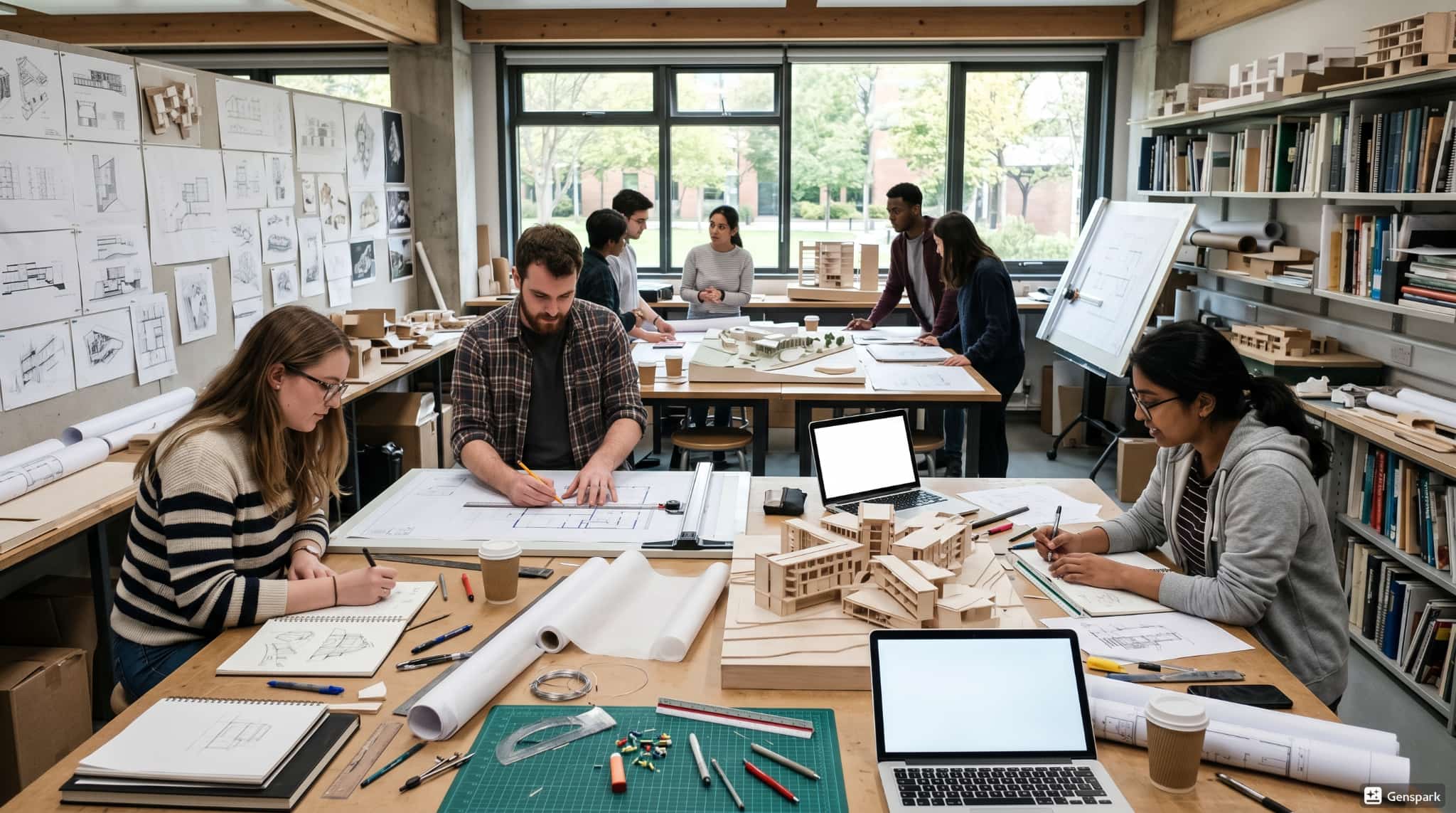 Architecture students working with sketches and physical building models.