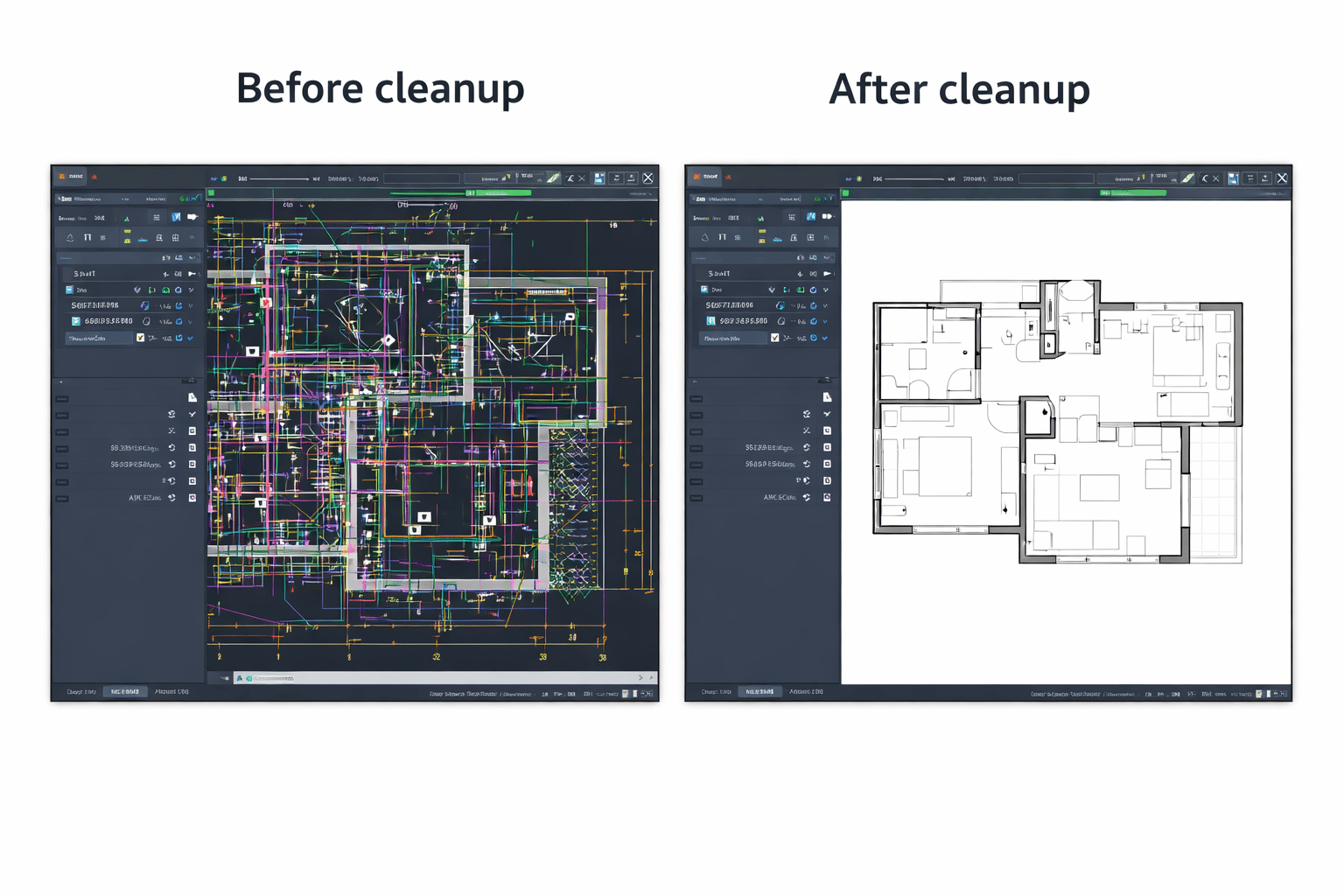 AutoCAD file before and after cleanup.