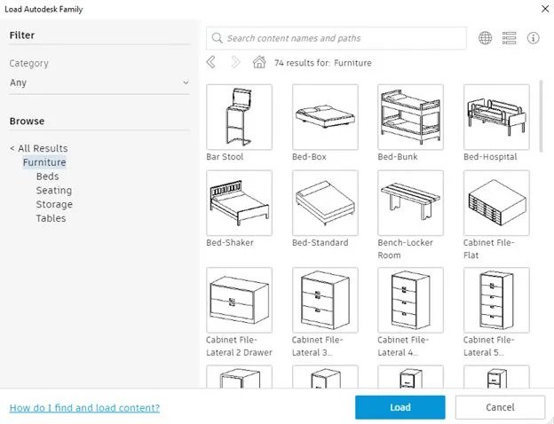 Examples of furniture load families by Autodesk 