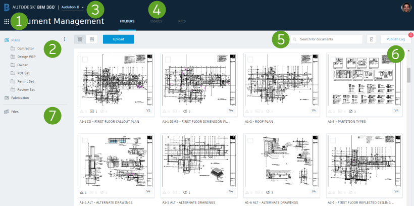 BIM 360 interface with architectural drawings and files.