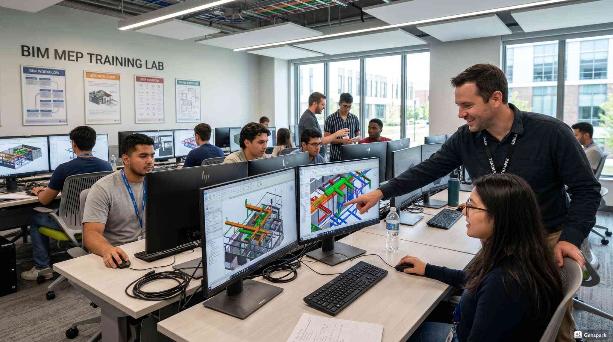BIM MEP training lab with students working on models.