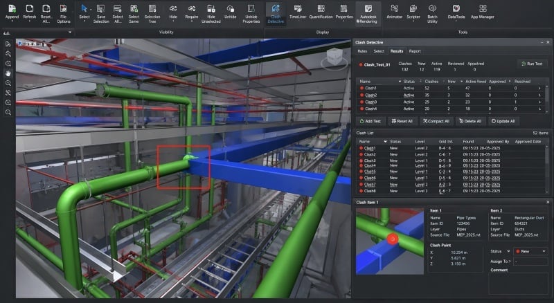 BIM clash detection interface showing MEP system conflicts.
