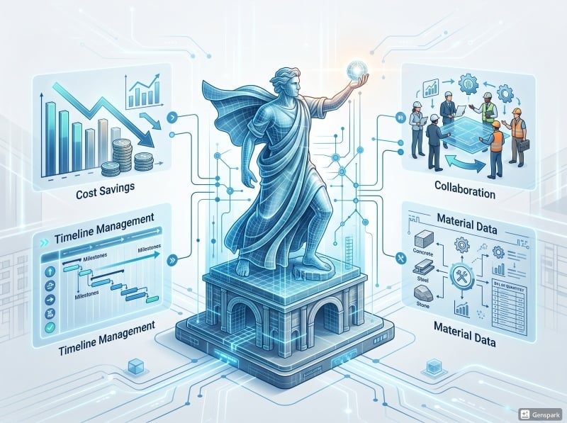BIM concept showing statue model connected with cost, time, and coordination data.